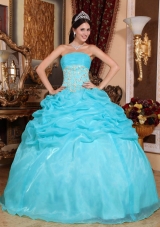 Aqua Blue Ball Gown Strapless Quinceanera Dress with Organza Appliques