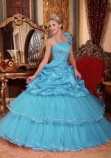 Aqua Blue Beading Ball Gown One Shoulder Quinceanera Dress with Beading and Pick-ups