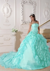 Baby Blue Ball Gown Strapless Chapel Train Quinceanera Dress with Taffeta Beading