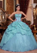 Light Blue Ball Gown Strapless Quinceanera Dress with Organza Beading