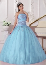 Sky Blue Ball Gown Strapless Quinceanera Dress with  Tulle Beading