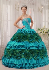 Teal Ball Gown Straplesas Quinceanera Dress with  Taffeta Appliques  Ruching