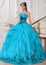 Aqua and Black Ball Gown Strapless Quinceanera Dress with  Organza Appliques