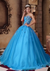 Aqua Blue A-line Sweetheart Floor-length Organza Beading Quinceanera Dress