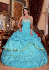 Aqua Blue Ball Gown Strapless Quinceanera Dress with Organza Appliques
