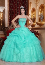 Aqua Blue Ball Gown Strapless Quinceanera Dress with  Organza Beading