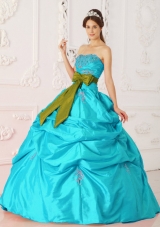 Aqua Blue Ball Gown Strapless Quinceanera Dress with Taffeta Beading Sash
