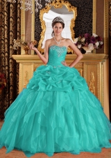 Aqua Blue Ball Gown Sweetheart Organza Appliques Quinceanera Dress with Beading
