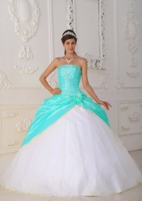 Baby Blue and White Ball Gown Strapless Quinceanera Dress with Taffeta Appliques