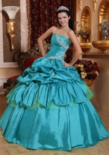 Teal Ball Gown Strapless Quinceanera Dress with  Taffeta Appliques