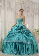 Teal Ball Gown Strapless Quinceanera Dress with Taffeta Beading Applique