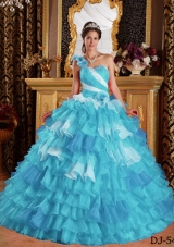 Aqua Blue Ball Gown One Shoulder Quinceanera Dress with Organza Ruffles Beading
