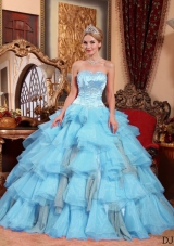 Aqua Blue Ball Gown Sweetheart Quinceanera Dress with Organza Beading