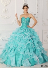 Aqua Blue Princess Sweetheart Quinceanera Dress Taffeta Organza Beading