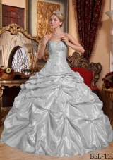 2014 Grey Puffy Sweetheart Embroidery and Beading Quinceanera Dress with Pick-ups
