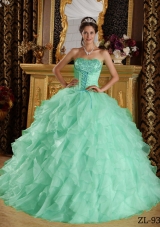 Apple Green Strapless  Satin and Organza Embroidery Quinceanera Dress with Beading