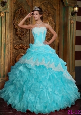 Aqua Blue Ball Gown Strapless Floor-length Quinceanera Dress  with Ruffles Organza