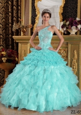 Baby Blue Ball Gown One Shoulder Quinceanera Dress Satin Organza Beading