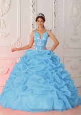 Baby Blue Ball Gown Straps Quinceanera Dress with Organza Appliques