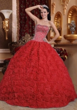 Beaded Red Fabric With Rolling Flowers Dress For Quinceanera