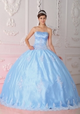 Blue Ball Gown Strapless Quinceanera Dress with Lace Appliques