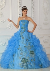 Exquisite Ball Gown Strapless Floor-length Embroidery Aqua Blue Quinceanera Dress