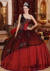 One Shoulder Beading and Appliques Burgundy Quinceanera Dresses Gowns