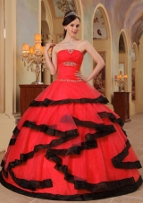 Red Organza Beading Red and Black Dresses For Quinceaneras