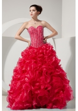 Red Princess Sweetheart Organza Beading and Ruffles Quinceneara Dresses