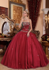 Strapless Taffeta and Tulle Appliques Quinces Wine Red Dresses