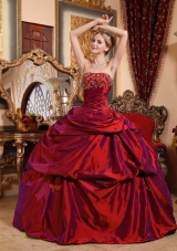 Strapless Taffeta Beading and Appliques Wine Red Quinceanera Dress