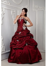 Taffeta Appliques Wine Red Quinceanera Dress with Pick-ups