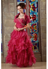 Wine Red A-line Sweetheart Organza Beading and Ruffles Sweet 16 Dresses