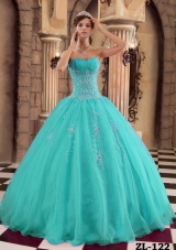 2014 Affordable Turquoise Ball Gown Beading Quinceanera Dress with Appliques