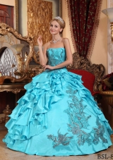 Aqua Blue Ball Gown Strapless Floor-length Quinceanera Dress with Taffeta Appliques