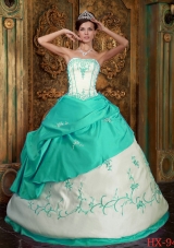 Aqua Blue  Ball Gown Strapless Floor-length Satin Quinceanera Dress  with  Embroidery