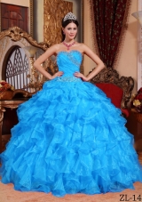 Aqua Blue Ball Gown Sweetheart Quinceanera Dress with Organza Beading