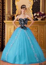 Aqua Blue Princess Sweetheart Beading Quinceanera Dress with Hand Made Flowers