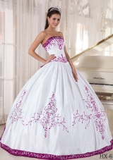 Fuchsia and White Strapless Satin Embroidery Sweet Sixteen Quinceanera Dresses