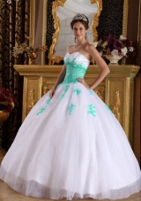 White and Apple Green Appliques Sweetheart Organza Dresses For a Quince