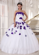 White Strapless Beading and Purple Floral Dresses For a Quinceanera