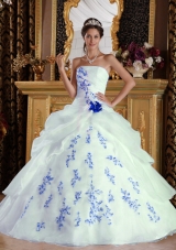 Elegant White Princess Organza Blue Embroidery Quinceanera Dress