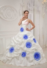 One Shoulder White Quinceanera Gown with Beading and Hand Flowers