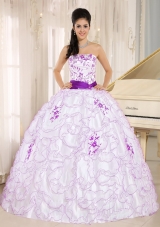 Organza Strapless White Puffy Quinceaneras Dress with Purple Embroidery