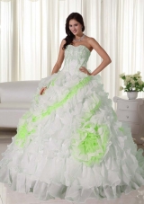 Sweetheart Court Train Organza Appliques and Ruffles White Quinceanera Gowns