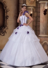 White One Shoulder Purple Hand Made Flowers Quinceaneras Dress