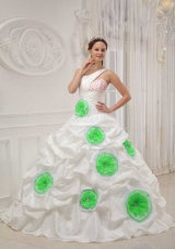 White One Shoulder Quinceanera Dresses with Beading and Green Hand Made Flowers