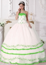 White Organza Quince Dresses with Beading and Green Embroidery