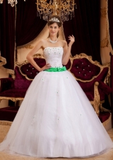 White Princess Strapless Appliques Dress For Quinceaneras with Turquoise Bow