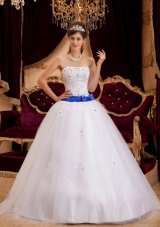 White Strapless Appliques Sweet 16 Dresses with Blue Bowknot